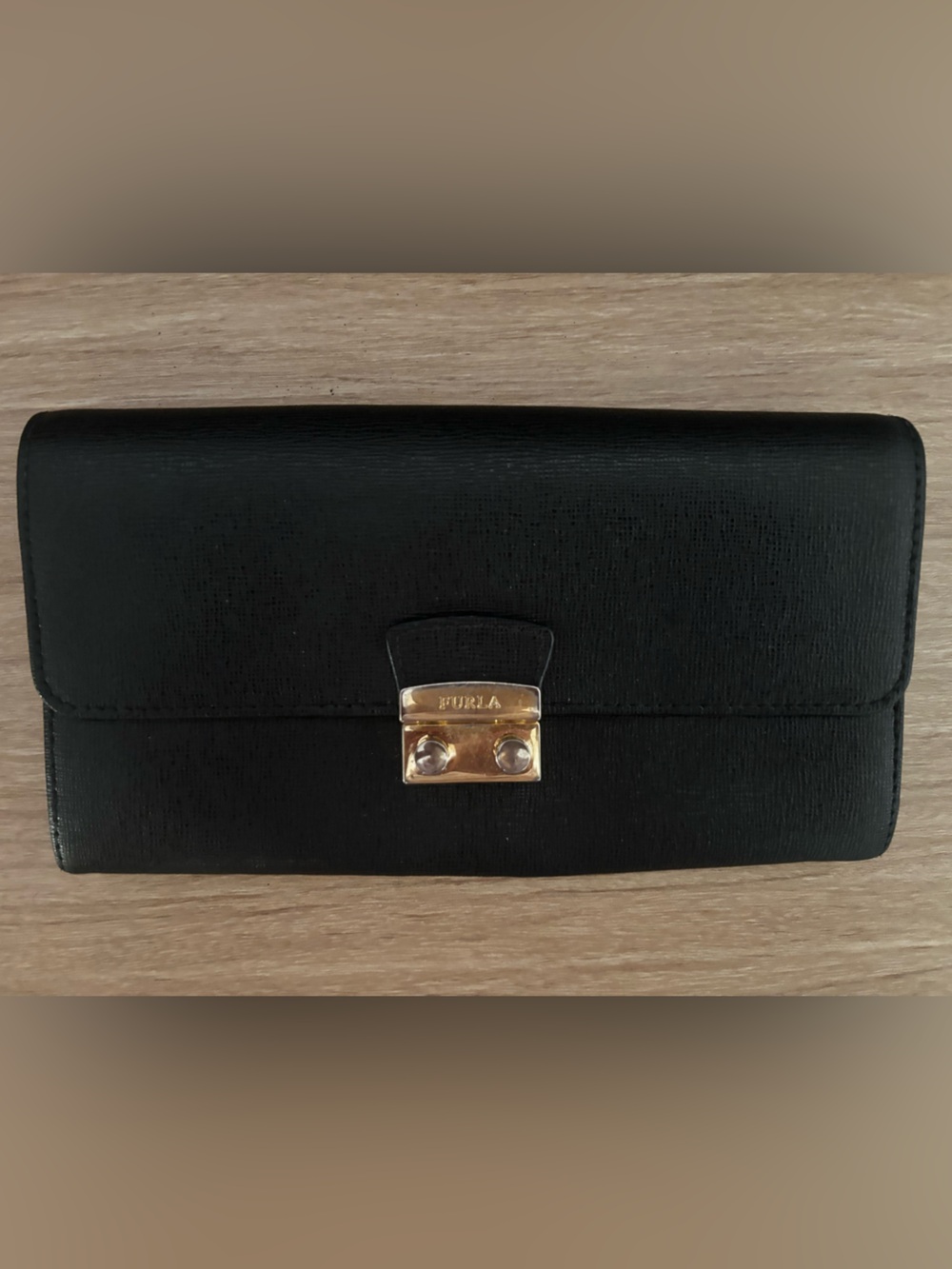 Furla Black Saffiano Leather Wallet with Gold Hardware